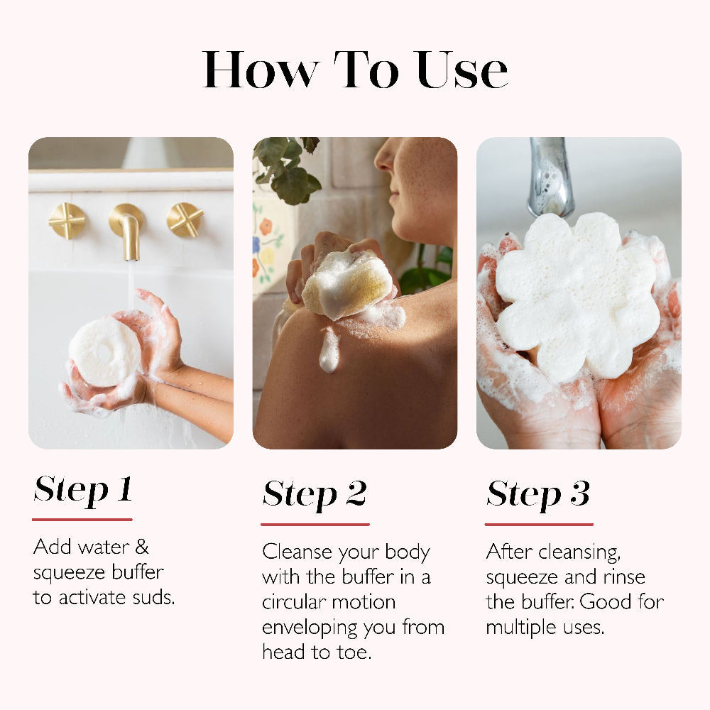 Instructions on how to use a buffer for cleansing, shown in three steps with close-up images.