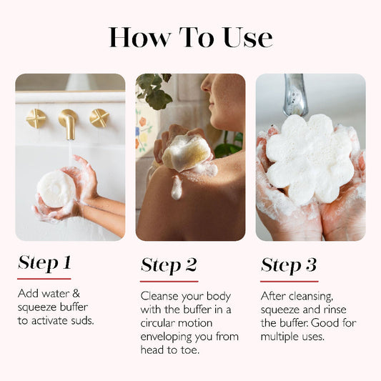 Instructions on how to use a buffer for cleansing, shown in three steps with close-up images.